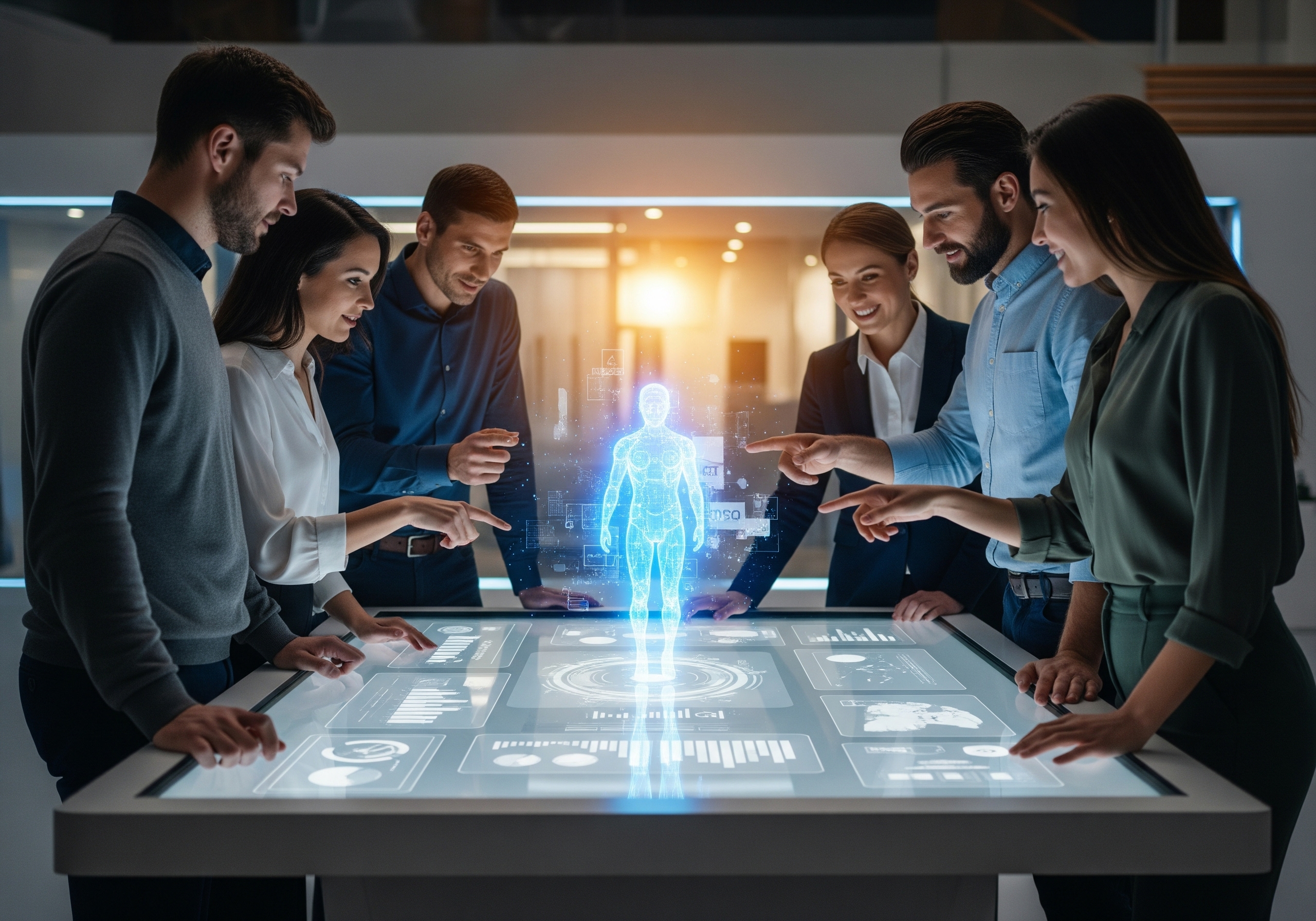 Team collaborating with holographic interface and AI assistant